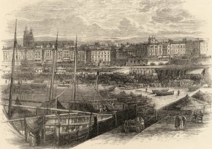 1870年に出版された牧師サミュエルマニングによる「スペインの写真」からのバルセロナ、スペインの港